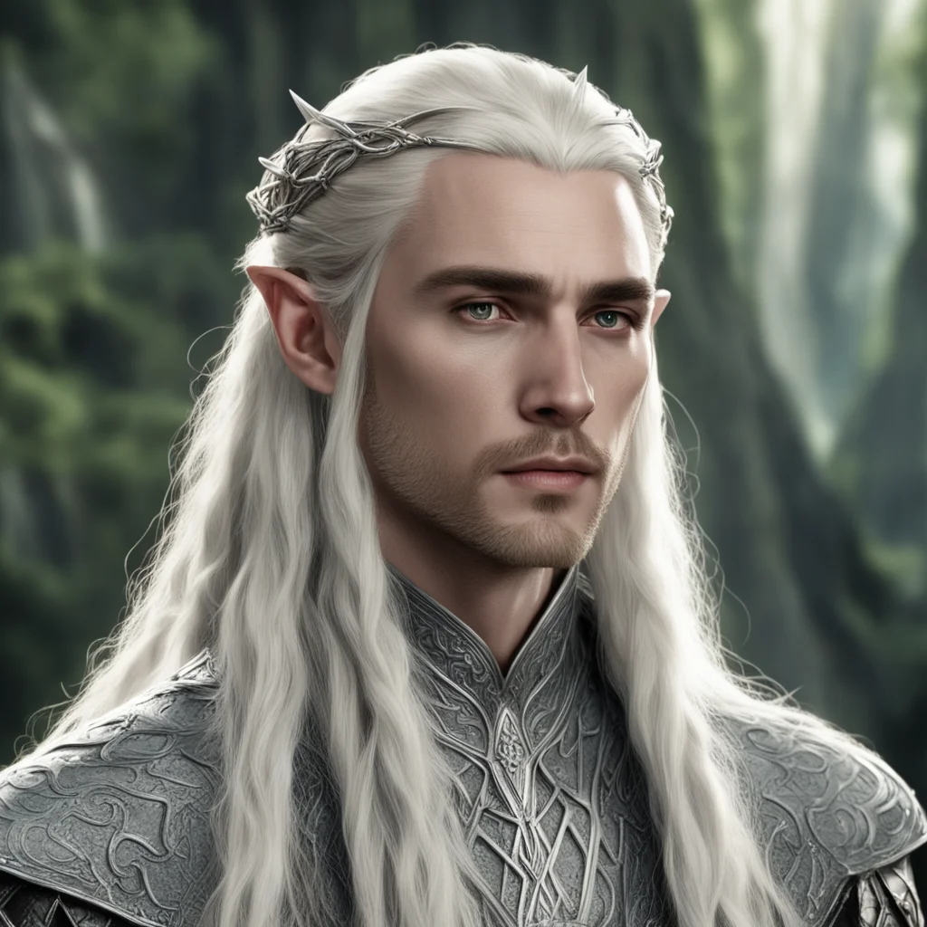 aiking thranduil with blond hair and braids wearing small silver serpentine elvish circlet with large center diamond confident engaging wow artstation art 3