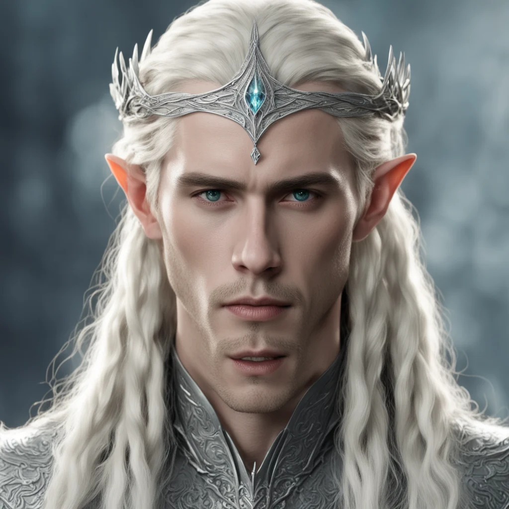 aiking thranduil with blond hair and braids wearing small silver serpentine elvish circlet with large center diamond good looking trending fantastic 1