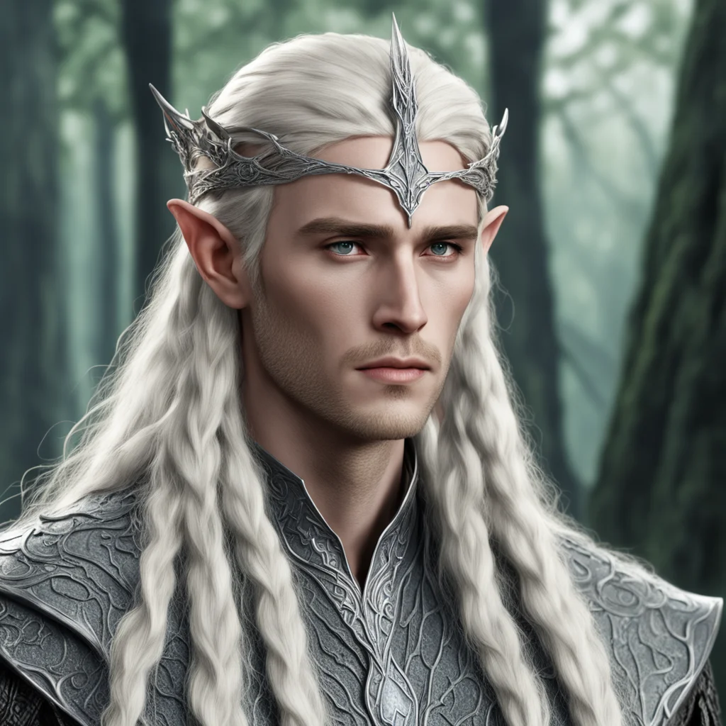 aiking thranduil with blond hair and braids wearing small silver serpentine elvish circlet with large center diamond