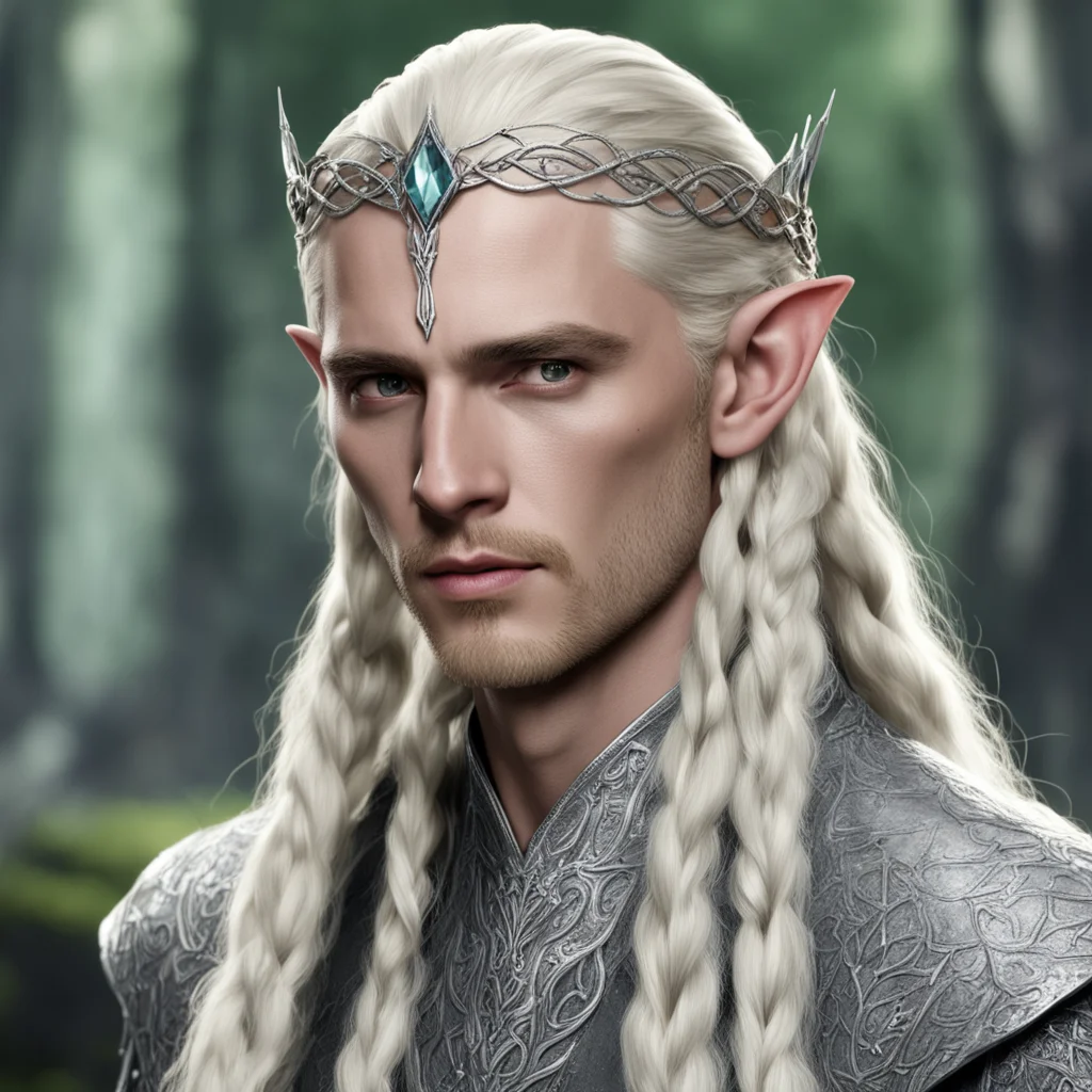 king thranduil with blond hair and braids wearing small silver serpentine nandorin elvish circlet with large center diamond  amazing awesome portrait 2