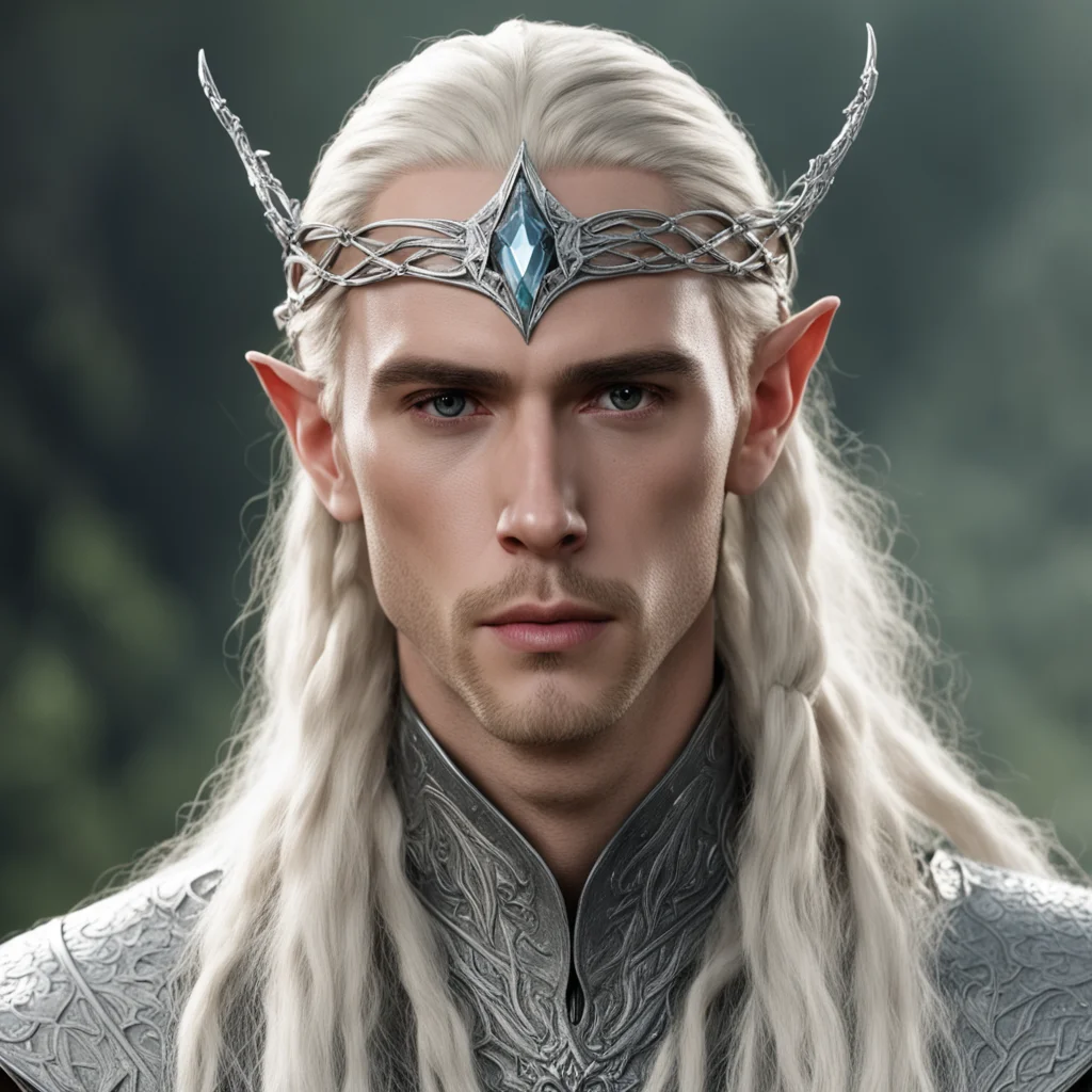 king thranduil with blond hair and braids wearing small silver serpentine nandorin elvish circlet with large center diamond  good looking trending fantastic 1