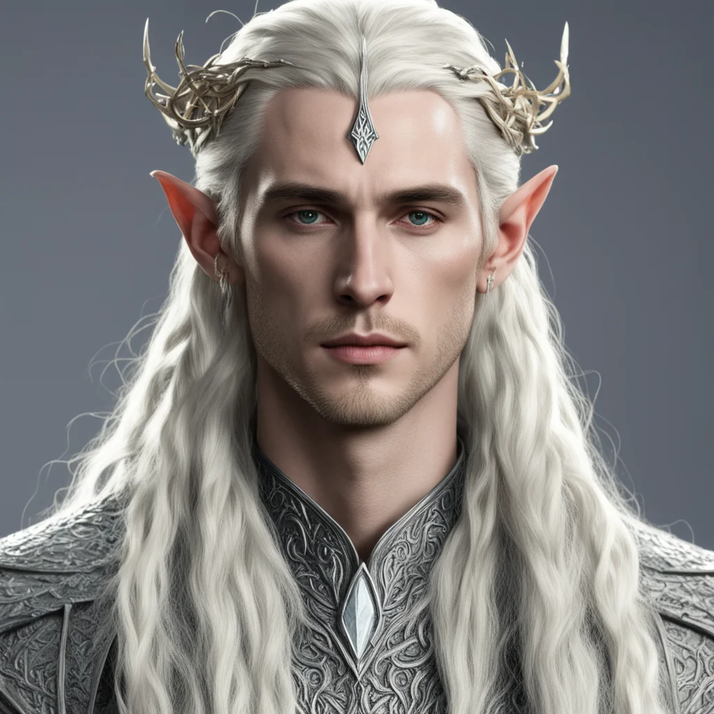 king thranduil with blond hair and braids wearing small silver serpentine nandorin elvish circlet with large center diamond 
