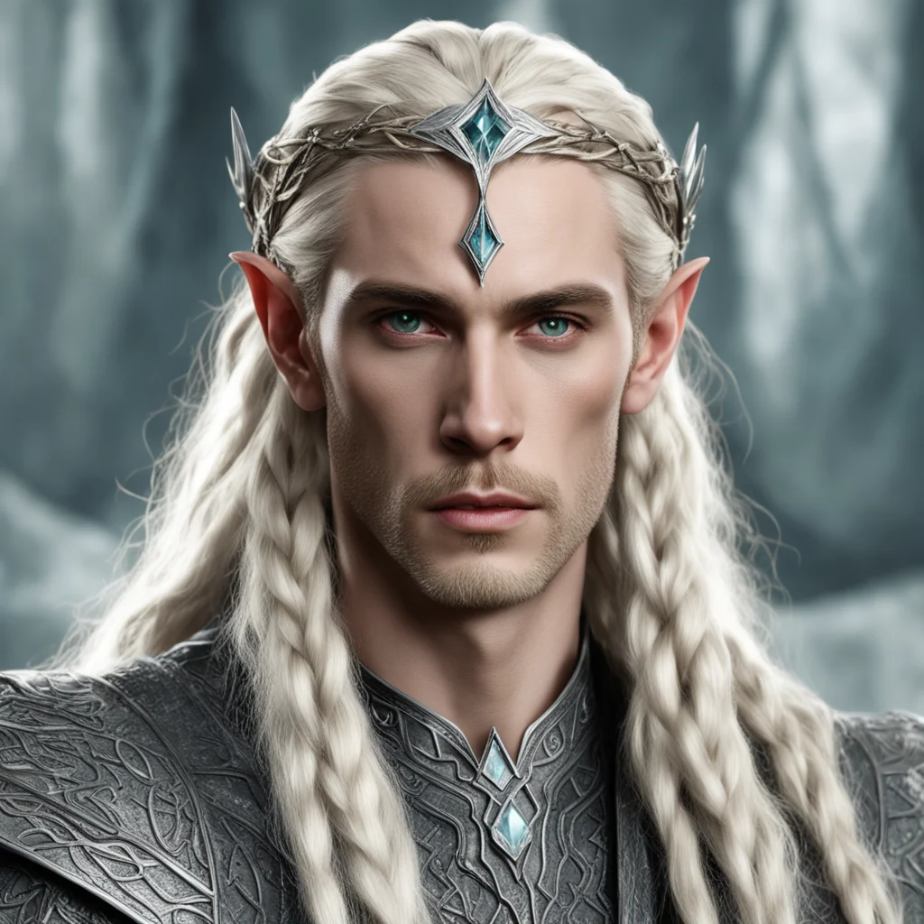 king thranduil with blond hair and braids wearing small silver serpentine nandorin elvish circlet with large center diamond good looking trending fantastic 1