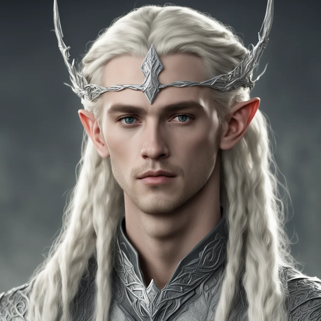king thranduil with blond hair and braids wearing small silver serpentine nandorin elvish circlet with large center diamond