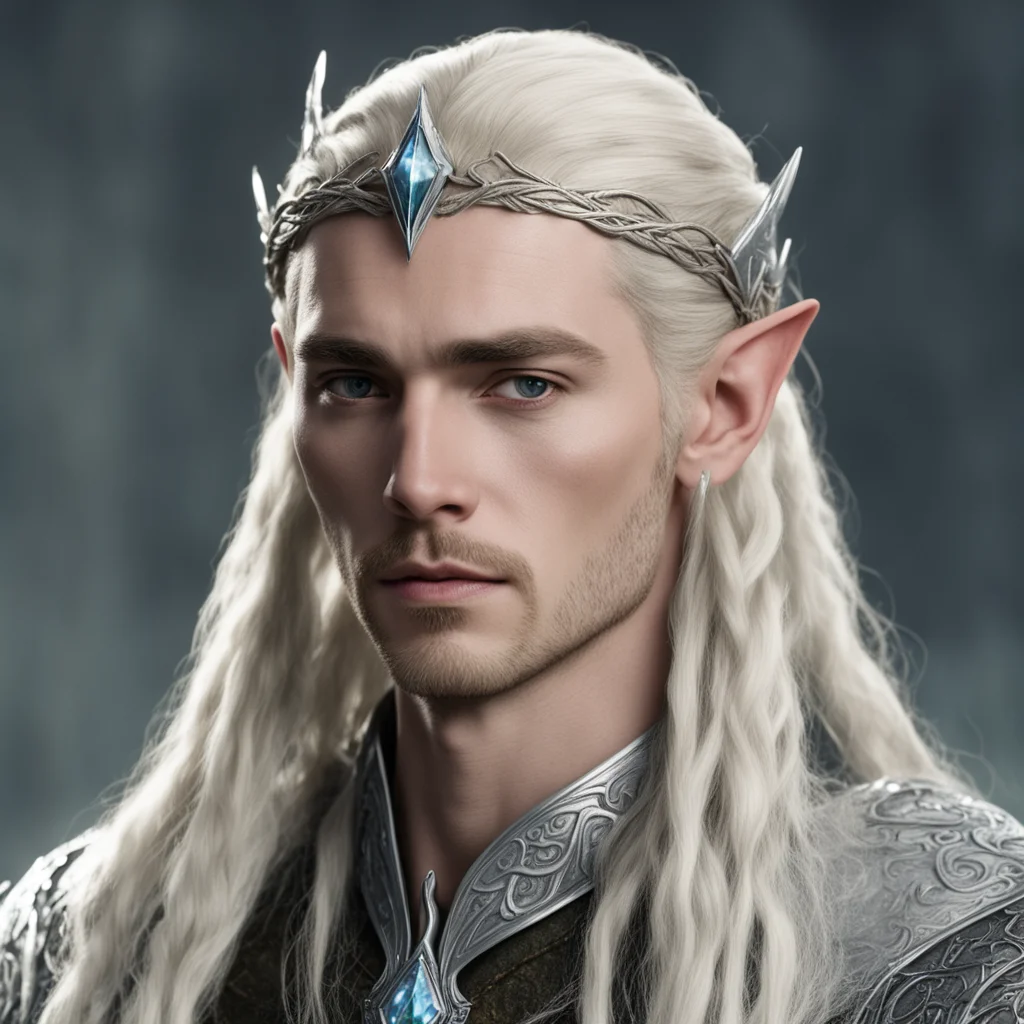 aiking thranduil with blond hair and braids wearing small silver serpentine sindarin elvish circlet with large center diamond  confident engaging wow artstation art 3