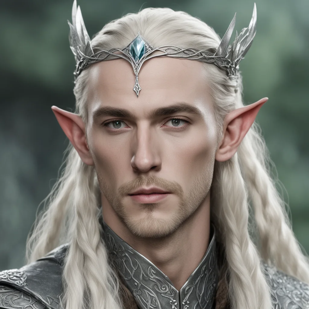 aiking thranduil with blond hair and braids wearing small silver serpentine sindarin elvish circlet with large center diamond  good looking trending fantastic 1