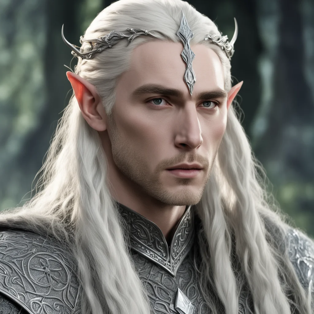 aiking thranduil with blond hair and braids wearing small silver serpentine sindarin elvish circlet with large center diamond 