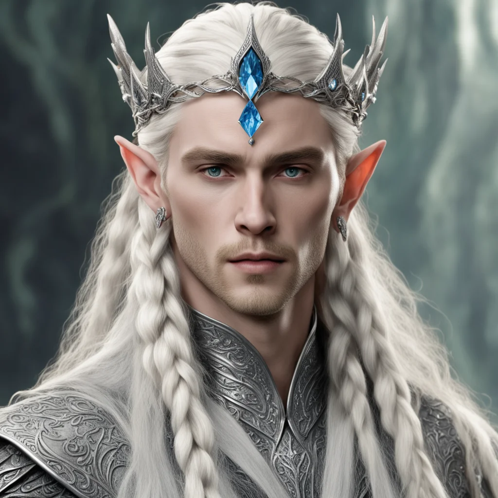 aiking thranduil with blond hair and braids wearing small silver serpintine elvish circlet with diamonds with large center diamond  amazing awesome portrait 2