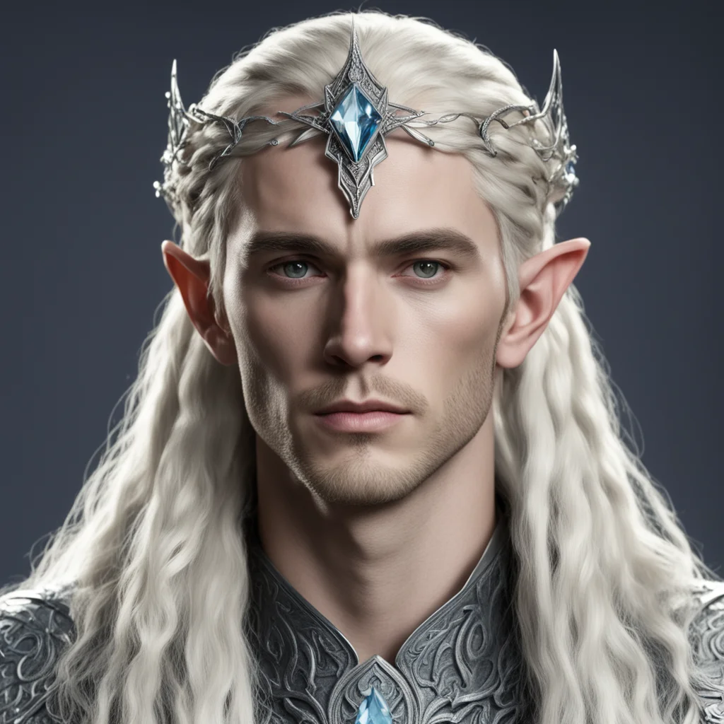 aiking thranduil with blond hair and braids wearing small silver serpintine elvish circlet with diamonds with large center diamond  confident engaging wow artstation art 3