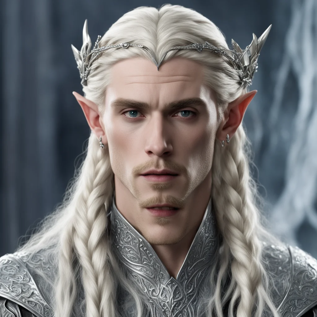 king thranduil with blond hair and braids wearing small silver serpintine elvish circlet with diamonds with large center diamond  good looking trending fantastic 1