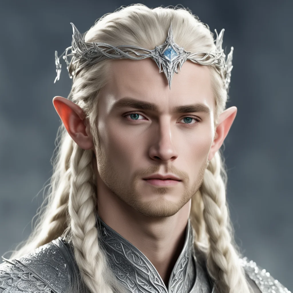 aiking thranduil with blond hair and braids wearing small silver sindarin elvish circlet encrusted with diamonds with center diamond  amazing awesome portrait 2