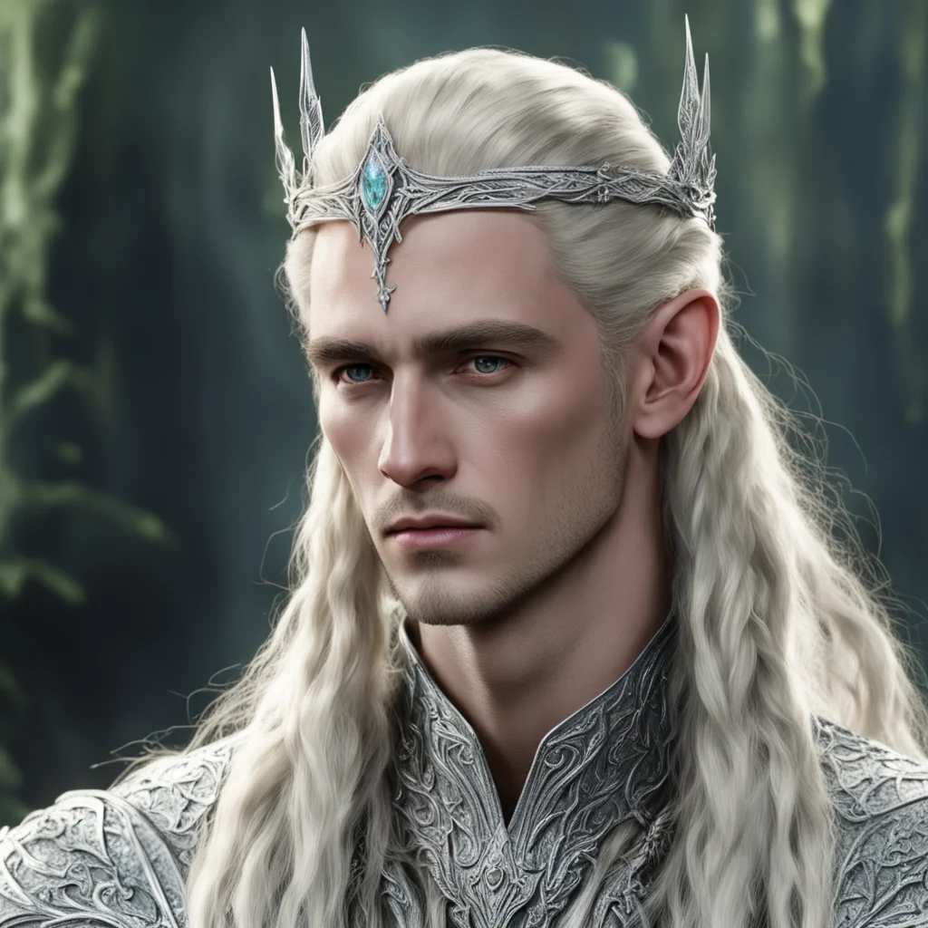 aiking thranduil with blond hair and braids wearing small silver sindarin elvish circlet encrusted with diamonds with center diamond  confident engaging wow artstation art 3