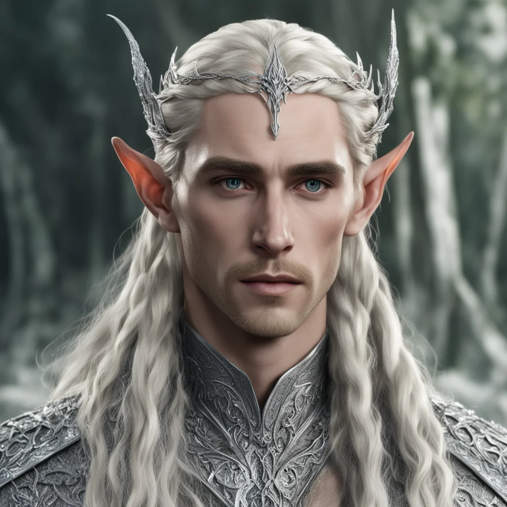 aiking thranduil with blond hair and braids wearing small silver sindarin elvish circlet encrusted with diamonds with center diamond  good looking trending fantastic 1