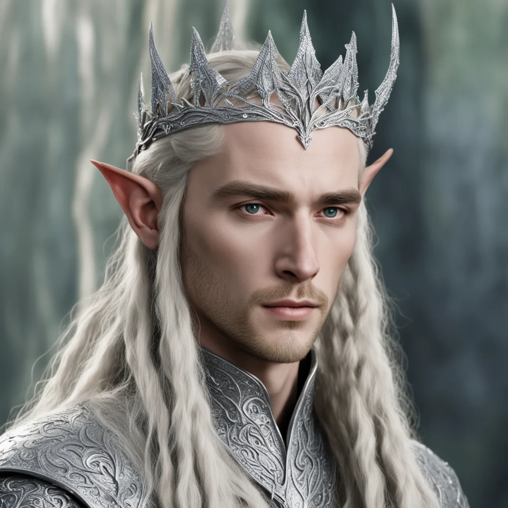 aiking thranduil with blond hair and braids wearing small silver sindarin elvish circlet encrusted with diamonds with center diamond 