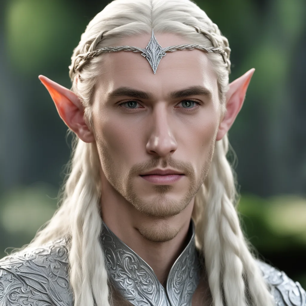aiking thranduil with blond hair and braids wearing small silver sindarin elvish circlet with large center diamond  good looking trending fantastic 1