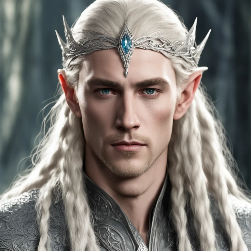 aiking thranduil with blond hair and braids wearing small silver sindarin elvish circlet with large center diamond confident engaging wow artstation art 3