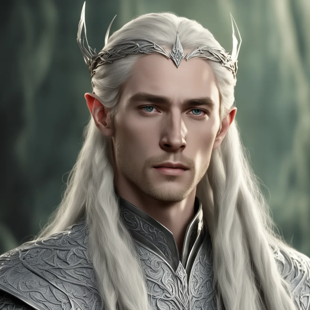 king thranduil with blond hair and braids wearing small silver sindarin elvish circlet with prominent center diamond amazing awesome portrait 2