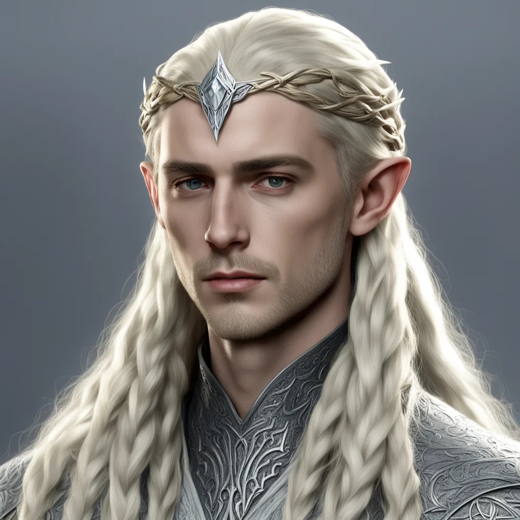 aiking thranduil with blond hair and braids wearing small silver sindarin elvish circlet with prominent center diamond