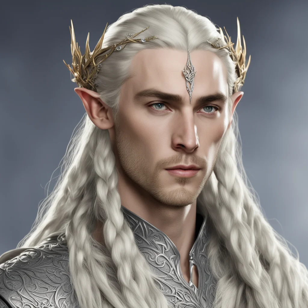 king thranduil with blond hair and braids wearing small silver vine elvish circlet with center diamond