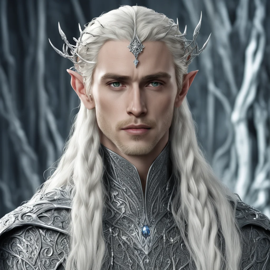 king thranduil with blond hair and braids wearing small silver vine encrusted with diamonds to form silver sindarin elvish circlet with large center diamond amazing awesome portrait 2