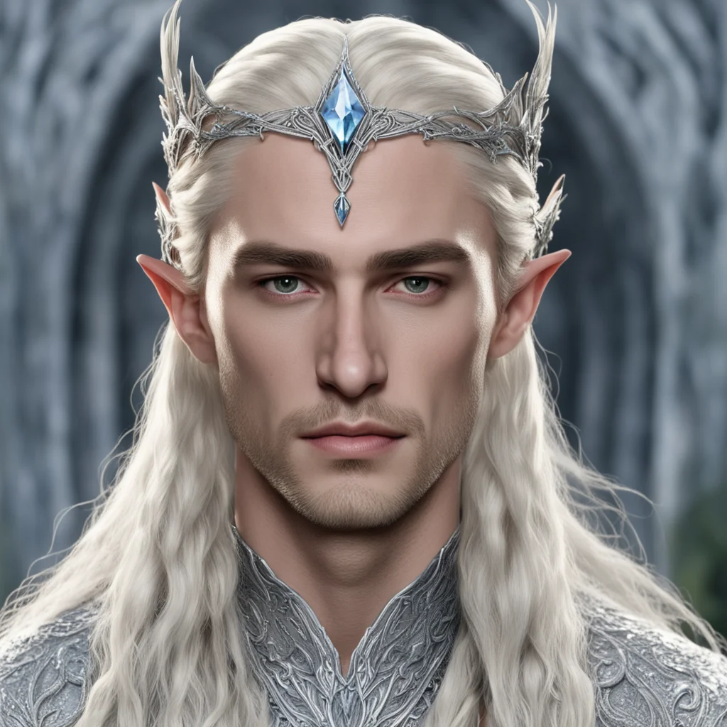 aiking thranduil with blond hair and braids wearing small silver vine encrusted with diamonds to form silver sindarin elvish circlet with large center diamond good looking trending fantastic 1
