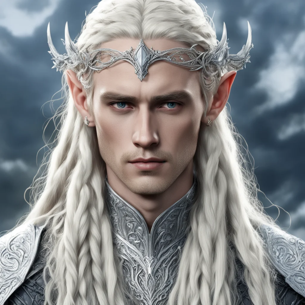 aiking thranduil with blond hair and braids wearing small silver vine encrusted with diamonds to form silver sindarin elvish circlet with large center diamond