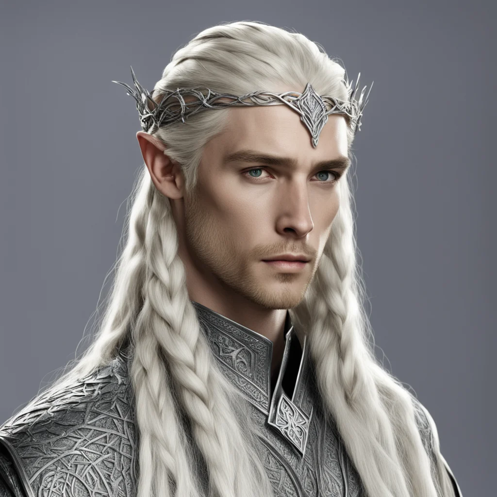 aiking thranduil with blond hair and braids wearing small silver vine intertwined silver sindarin circlet with small accent diamonds and large center diamond amazing awesome portrait 2