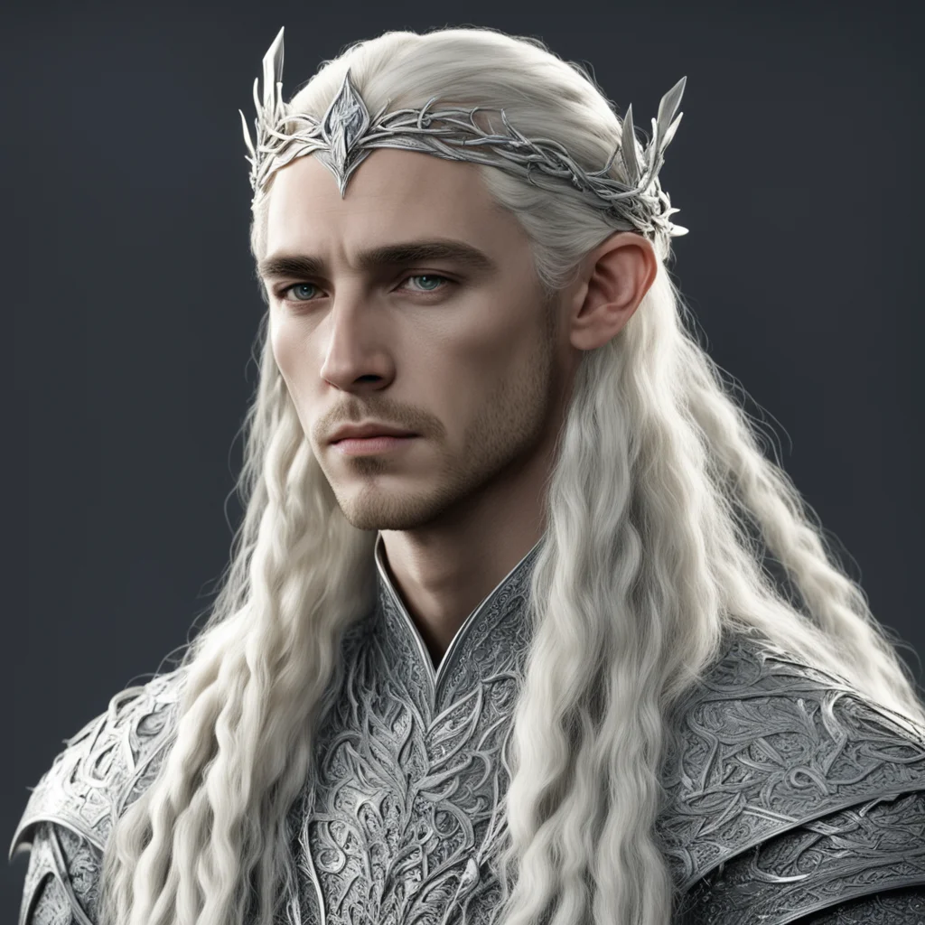 aiking thranduil with blond hair and braids wearing small silver vine intertwined silver sindarin circlet with small accent diamonds and large center diamond good looking trending fantastic 1