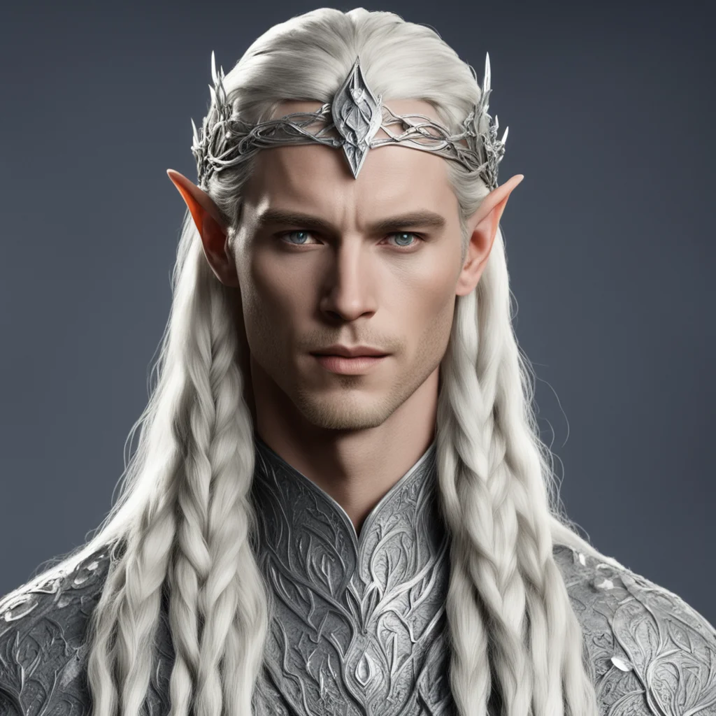 aiking thranduil with blond hair and braids wearing small silver vine intertwined silver sindarin circlet with small accent diamonds and large center diamond