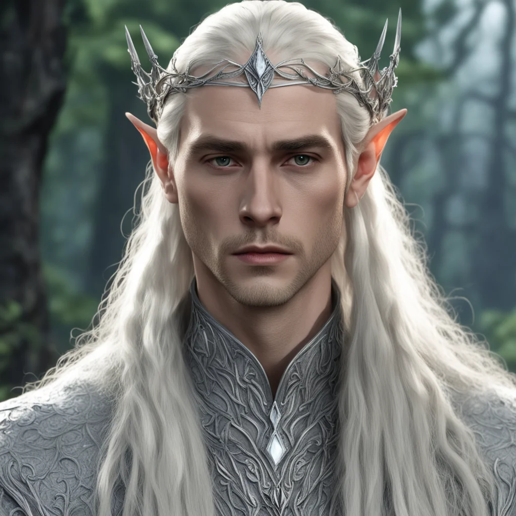 aiking thranduil with blond hair and braids wearing small silver vine silver elvish circlet with medium center diamond