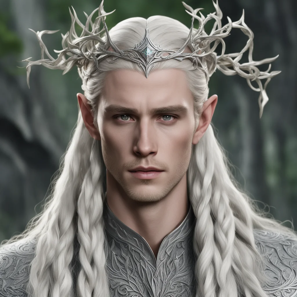 aiking thranduil with blond hair and braids wearing small silver vines intertwined silver elvish circlet with large diamond in the center amazing awesome portrait 2