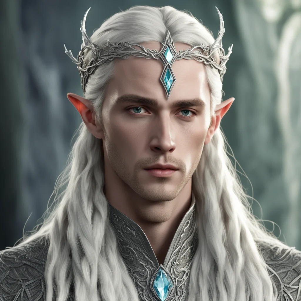 aiking thranduil with blond hair and braids wearing small silver vines intertwined silver elvish circlet with large diamond in the center good looking trending fantastic 1
