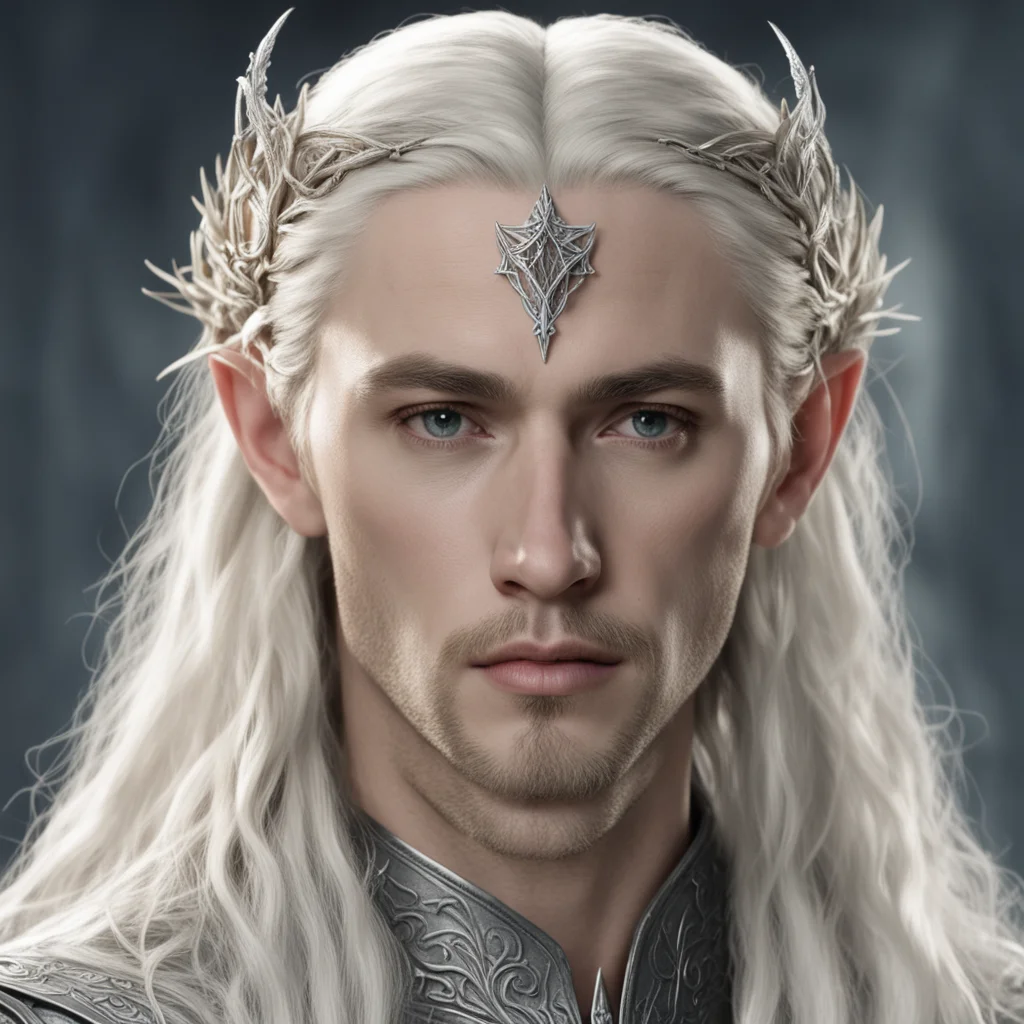 king thranduil with blond hair and braids wearing small silver vines intertwined silver elvish circlet with large diamond in the center