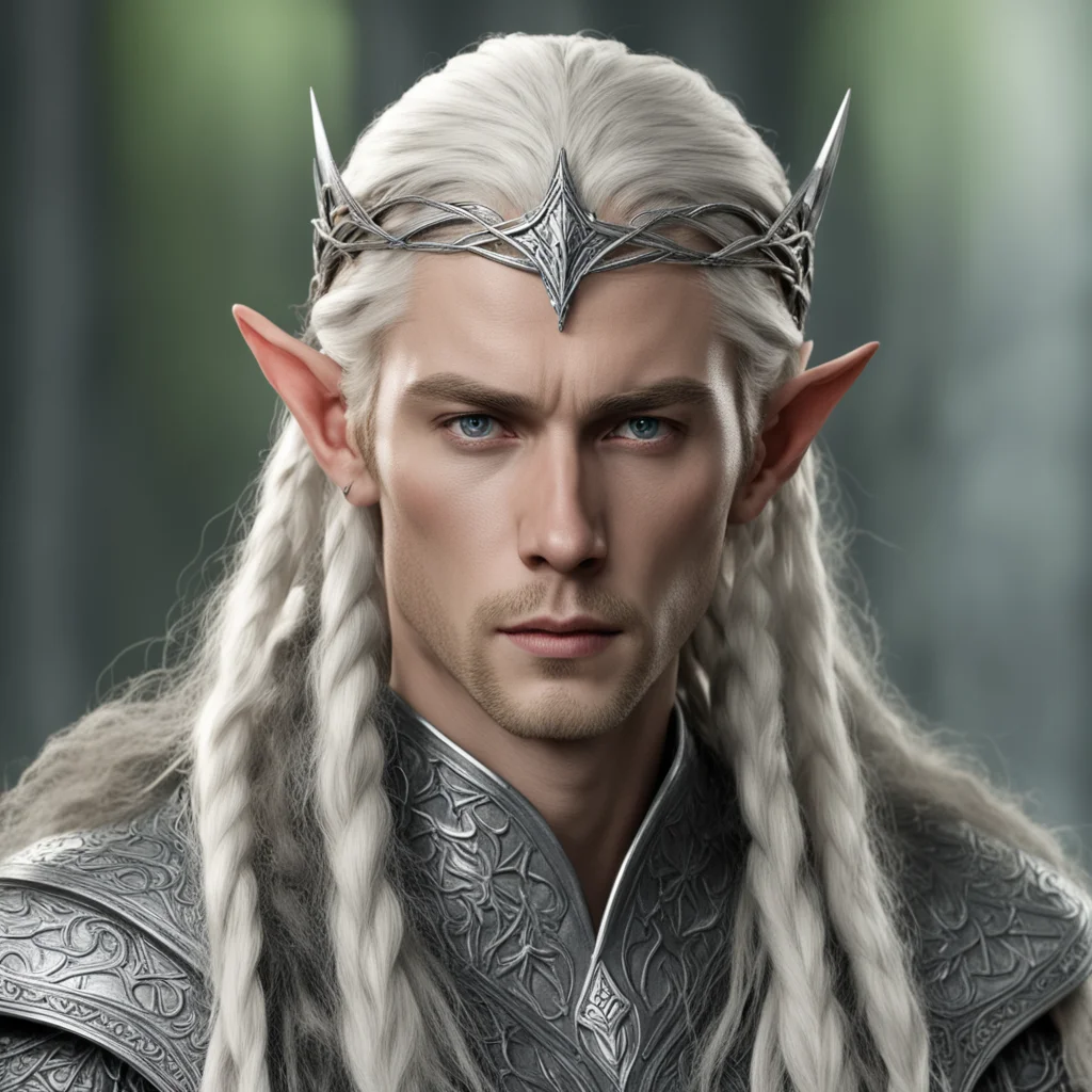 aiking thranduil with blond hair and braids wearing small silver wood elf circlet with large center diamond  confident engaging wow artstation art 3