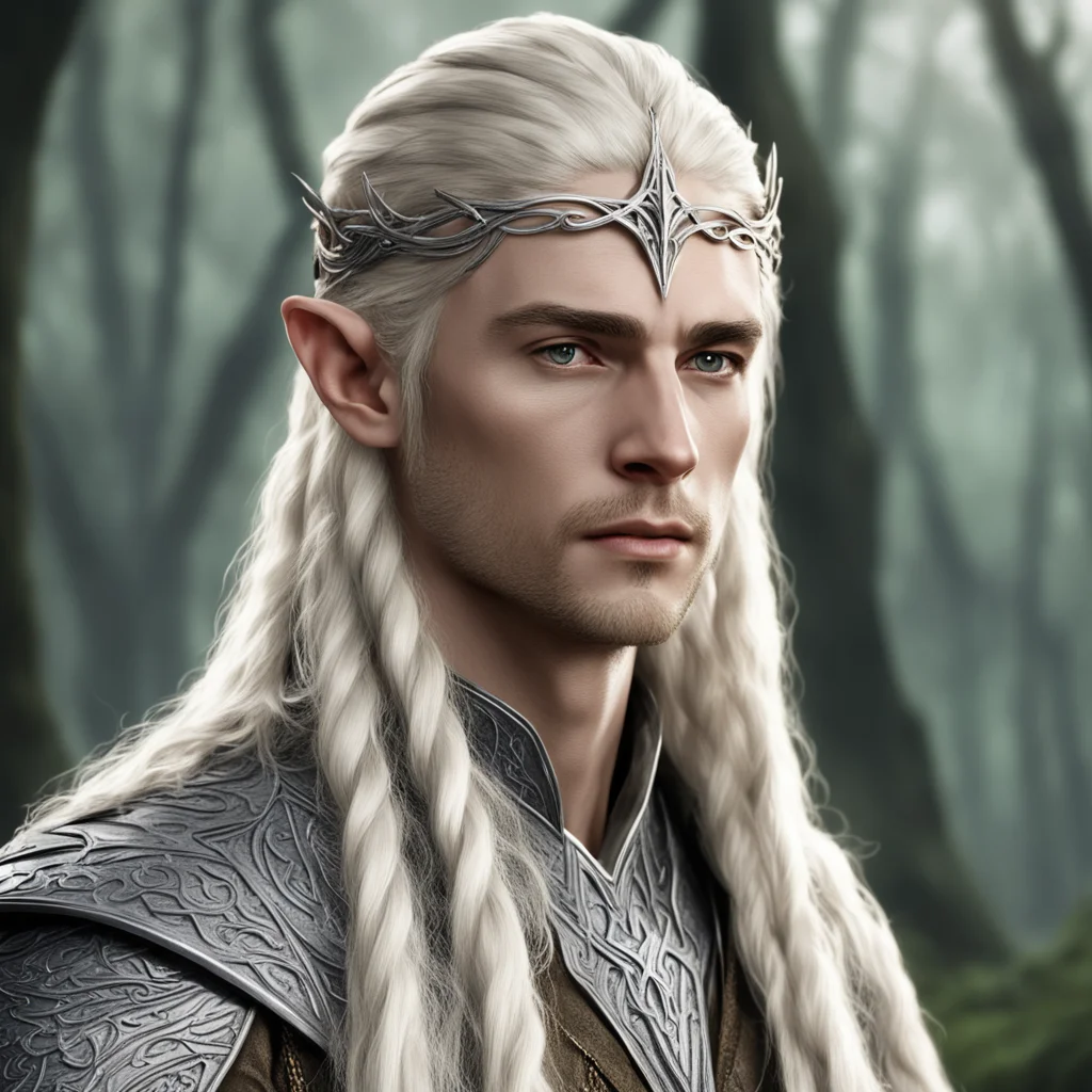 aiking thranduil with blond hair and braids wearing small silver wood elvish circlet with center diamond amazing awesome portrait 2
