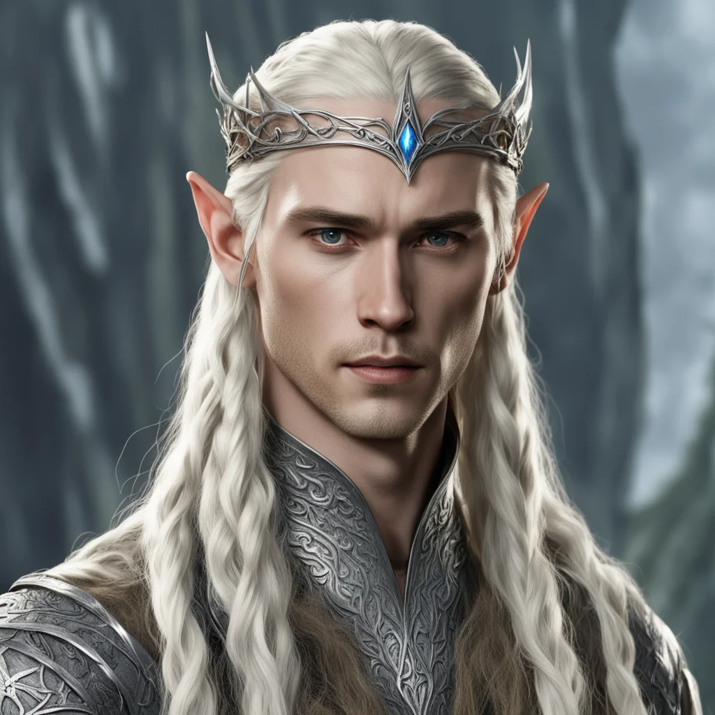 aiking thranduil with blond hair and braids wearing small silver wood elvish circlet with center diamond confident engaging wow artstation art 3
