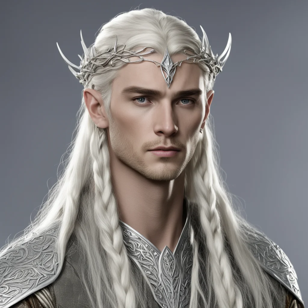 king thranduil with blond hair and braids wearing small simple silver vine silver sindaran elvish circlet with large center diamond  good looking trending fantastic 1