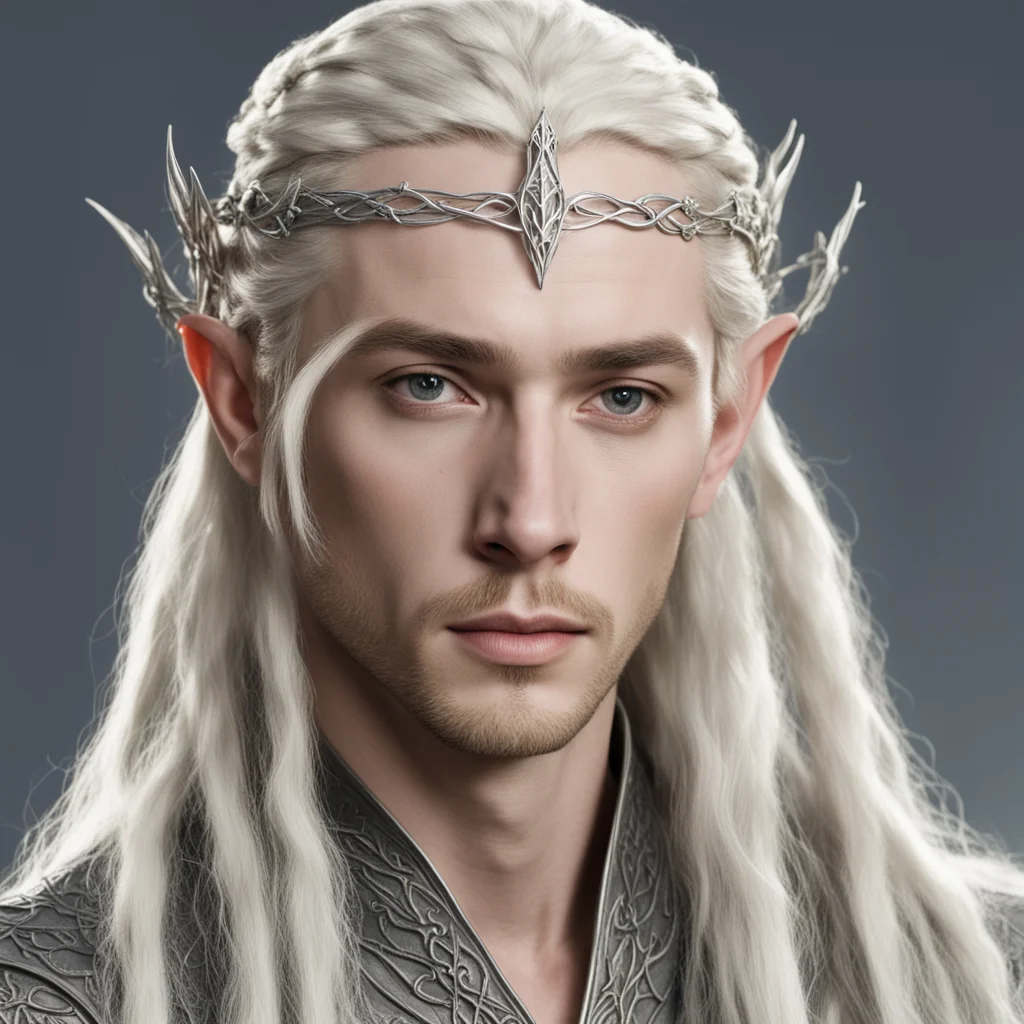 aiking thranduil with blond hair and braids wearing small simple silver vine silver sindaran elvish circlet with large center diamond 
