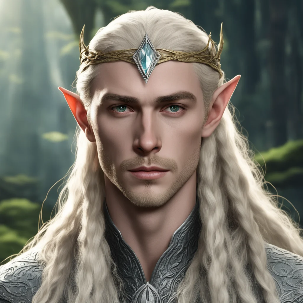 king thranduil with blond hair and braids wearing small thin elvish circlet with large center diamond 