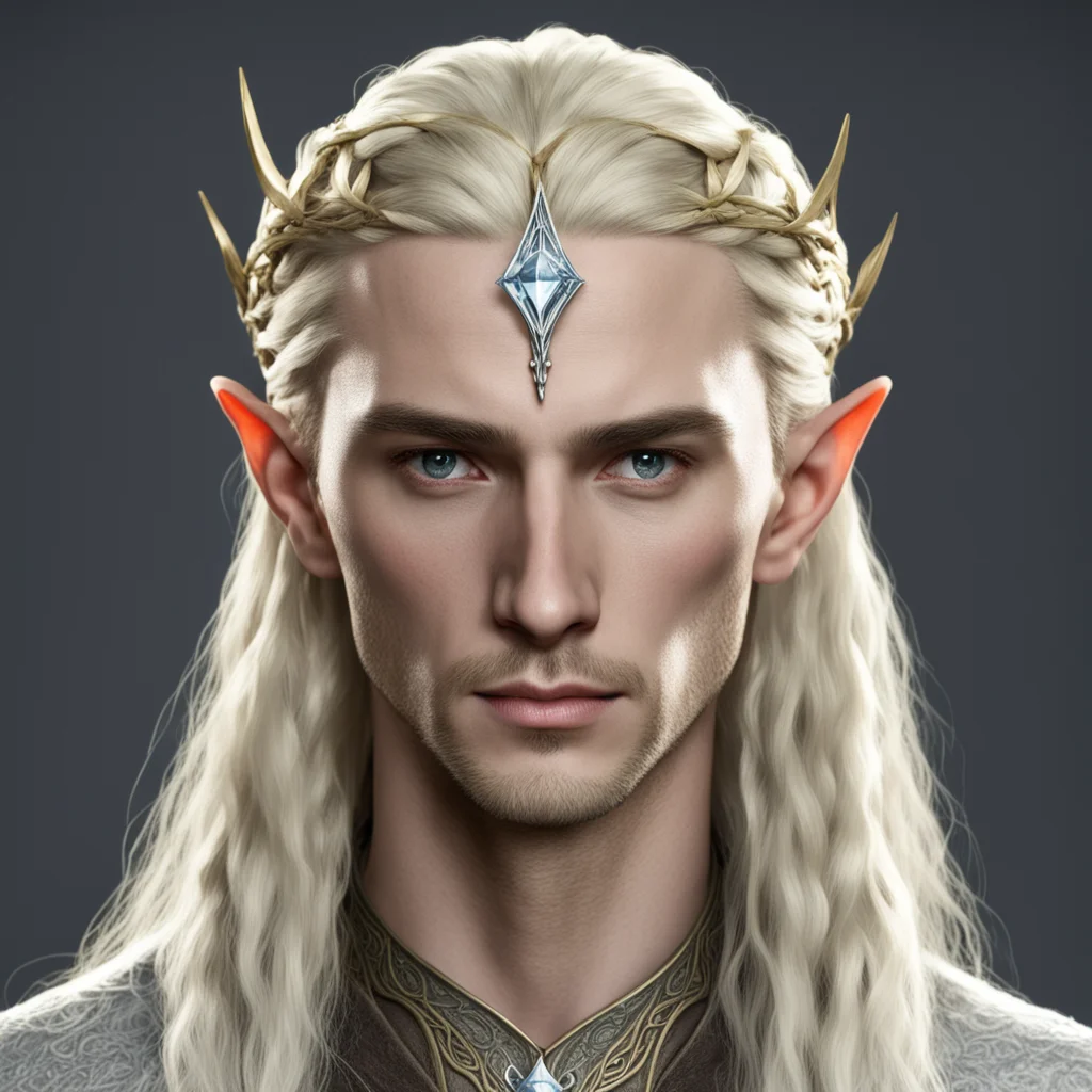 king thranduil with blond hair and braids wearing small thin nandorin elvish circlet with large center circular diamond  amazing awesome portrait 2