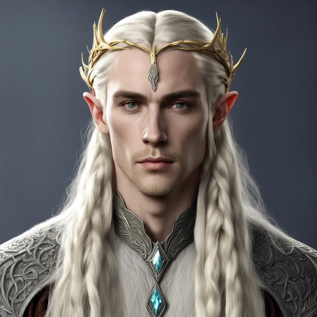 king thranduil with blond hair and braids wearing small thin nandorin elvish circlet with large center circular diamond 