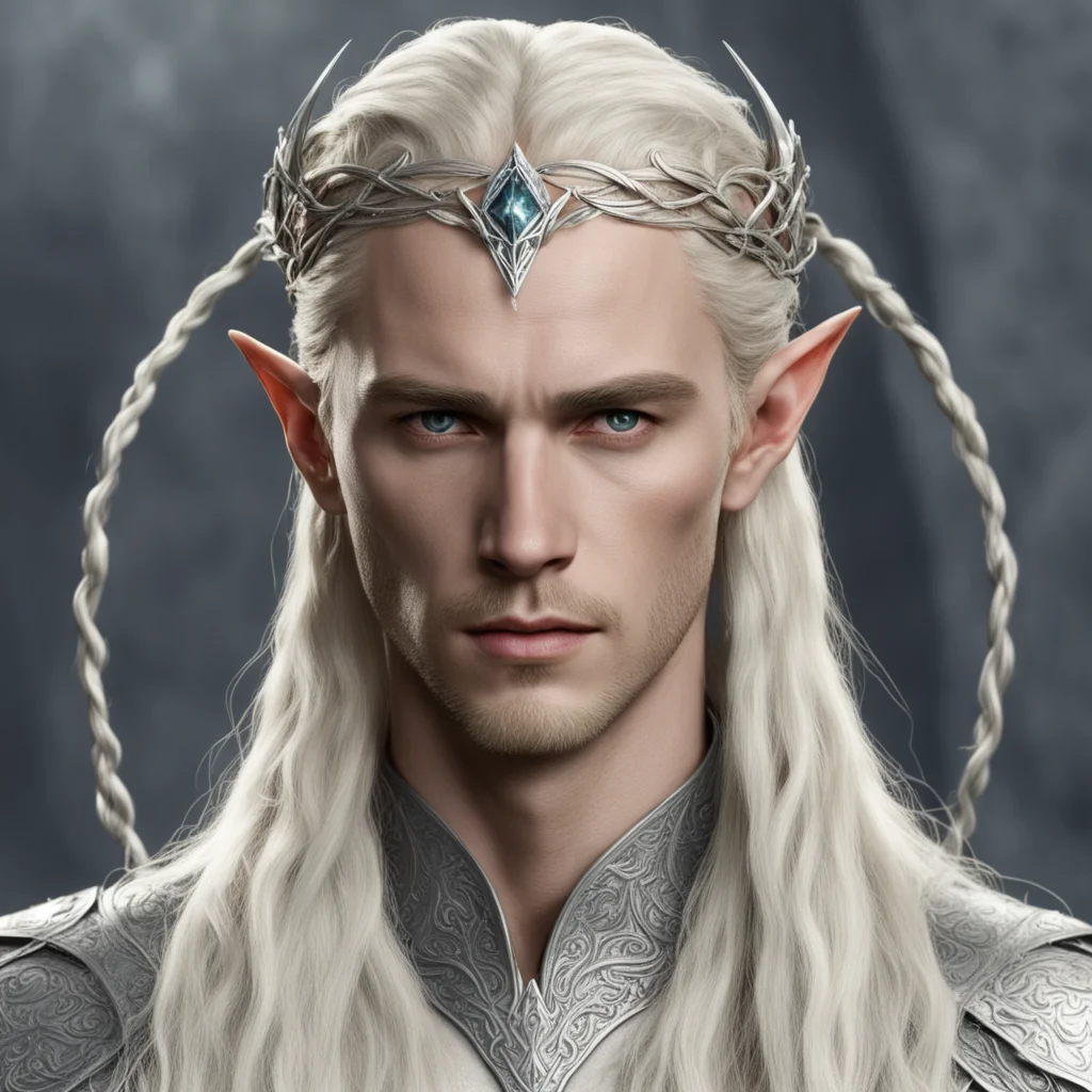 aiking thranduil with blond hair and braids wearing small thin silver elvish circlet with large center circular diamond  amazing awesome portrait 2