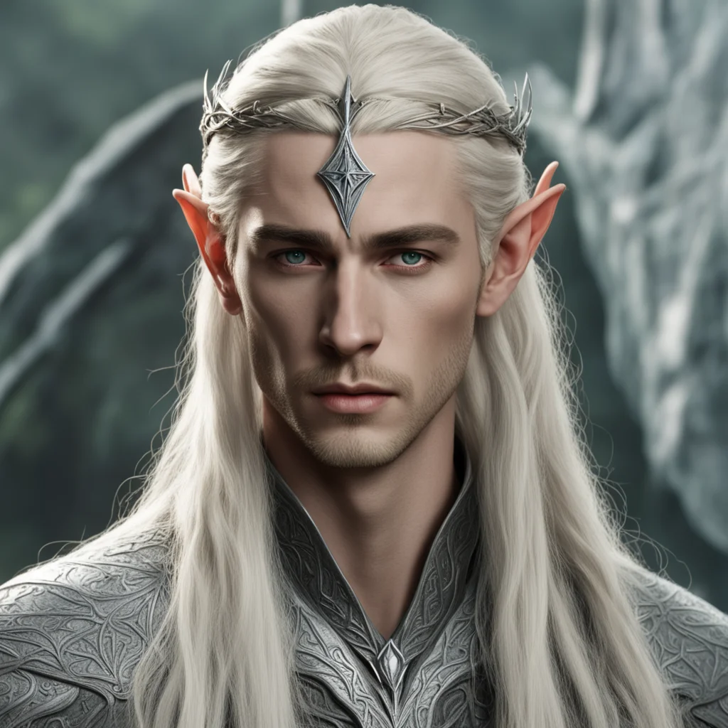 aiking thranduil with blond hair and braids wearing small thin silver elvish circlet with large center circular diamond  good looking trending fantastic 1