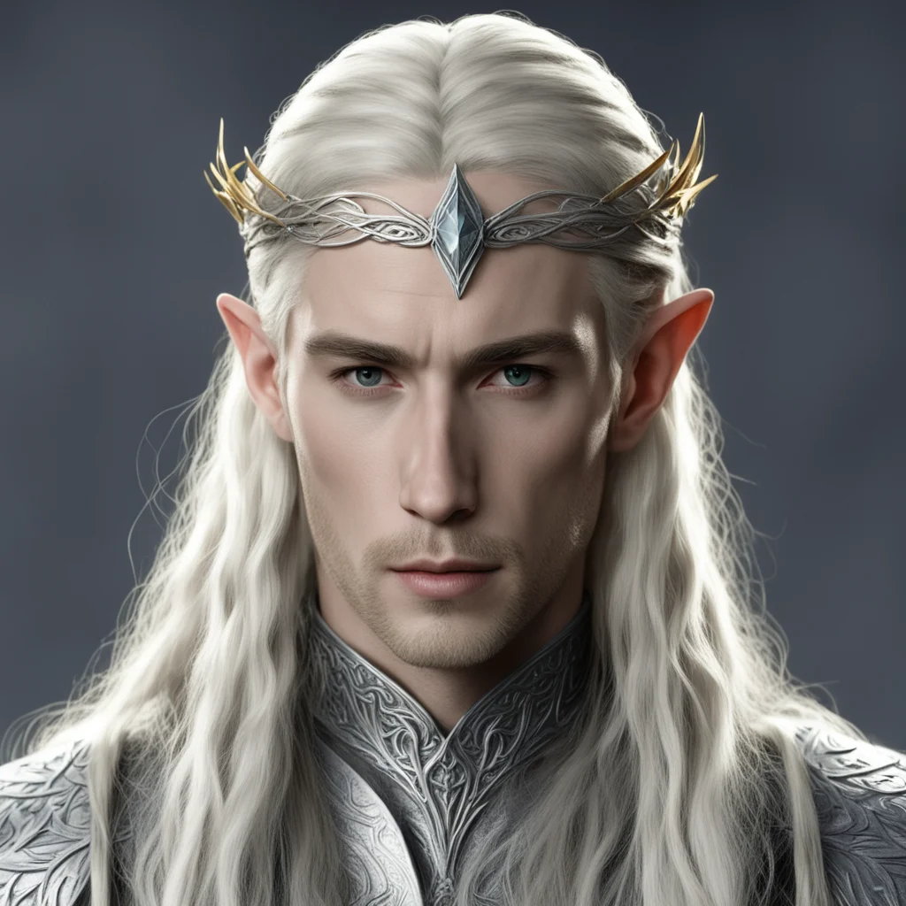 aiking thranduil with blond hair and braids wearing small thin silver elvish circlet with large center circular diamond 