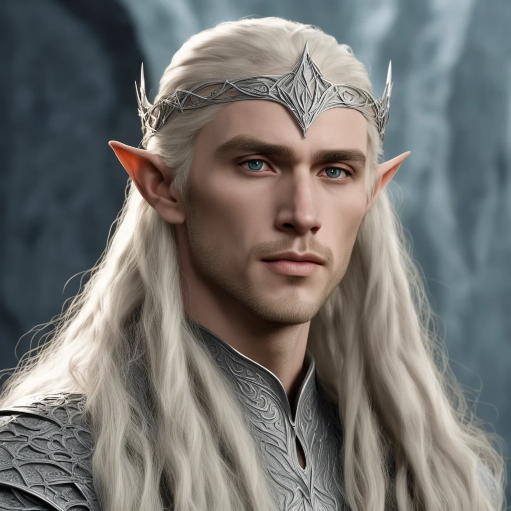 king thranduil with blond hair and braids wearing small thin silver elvish circlet with large center diamond  amazing awesome portrait 2
