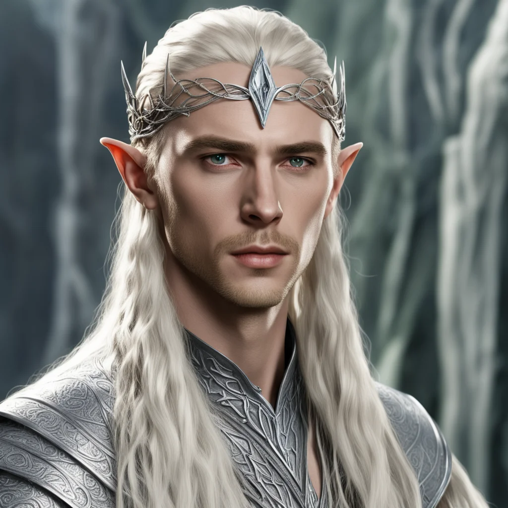 king thranduil with blond hair and braids wearing small thin silver elvish circlet with large center diamond  good looking trending fantastic 1