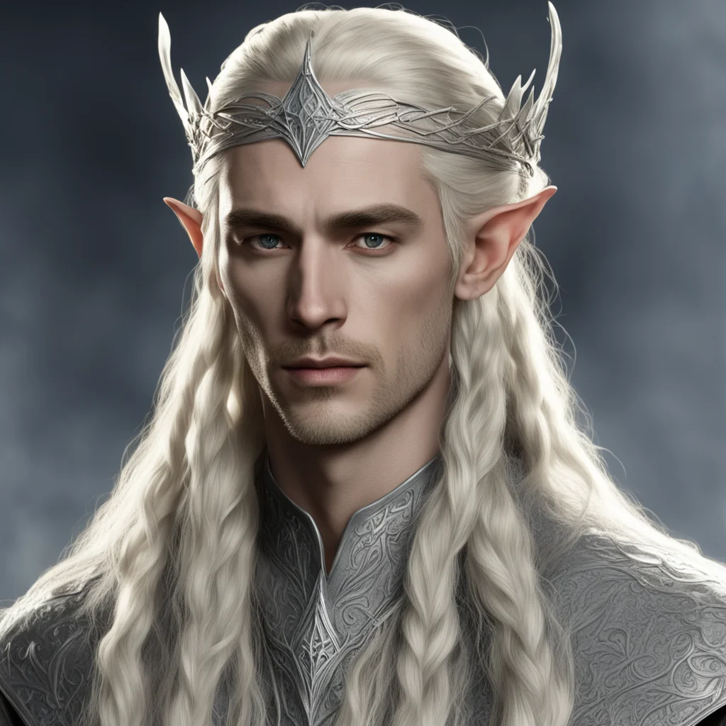 aiking thranduil with blond hair and braids wearing small thin silver elvish circlet with large center diamond 