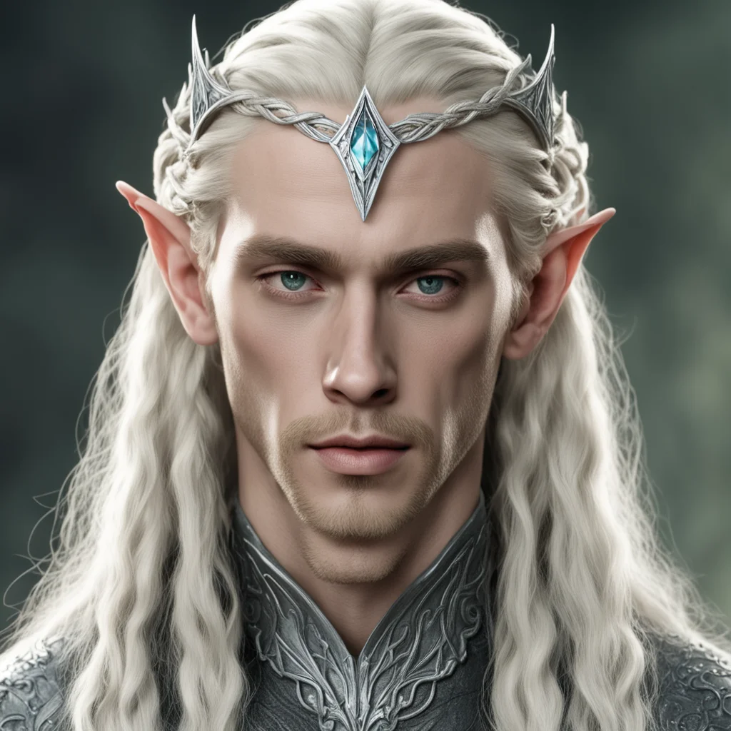 king thranduil with blond hair and braids wearing small thin silver elvish circlet with large center diamond amazing awesome portrait 2
