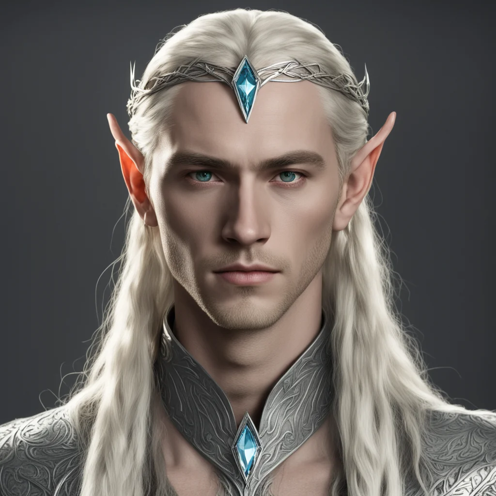 king thranduil with blond hair and braids wearing small thin silver elvish circlet with large center diamond good looking trending fantastic 1