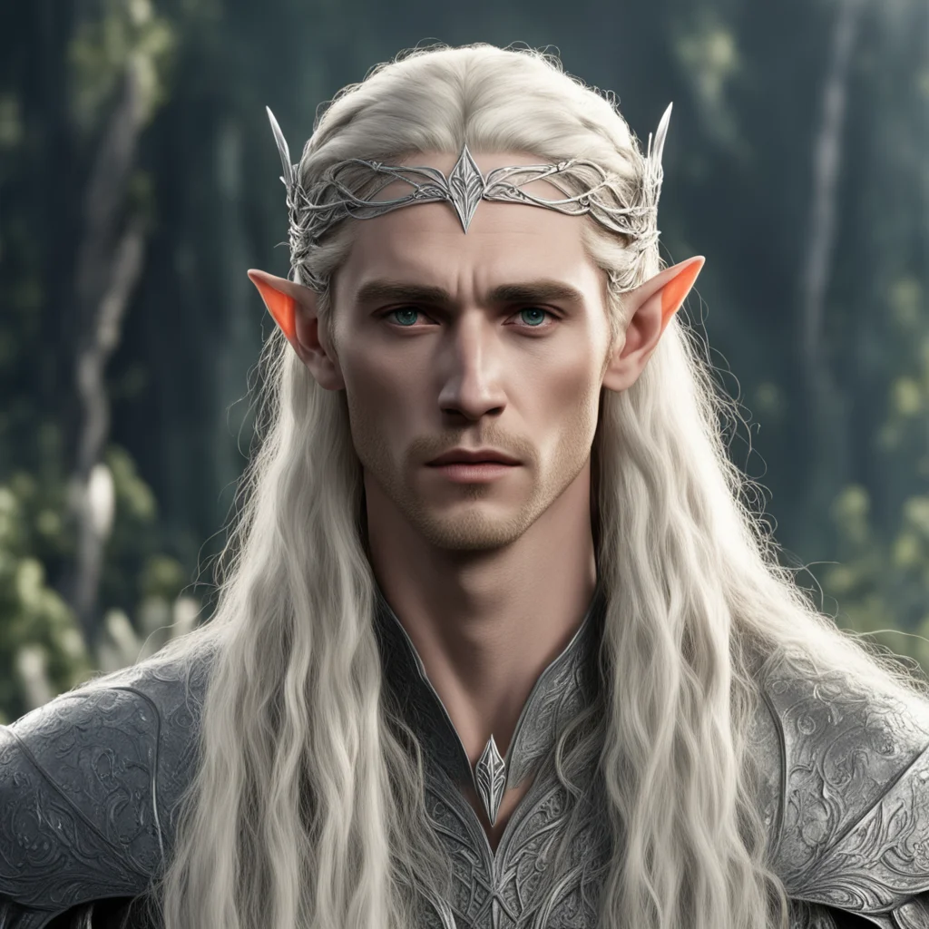aiking thranduil with blond hair and braids wearing small thin silver elvish circlet with large center diamond